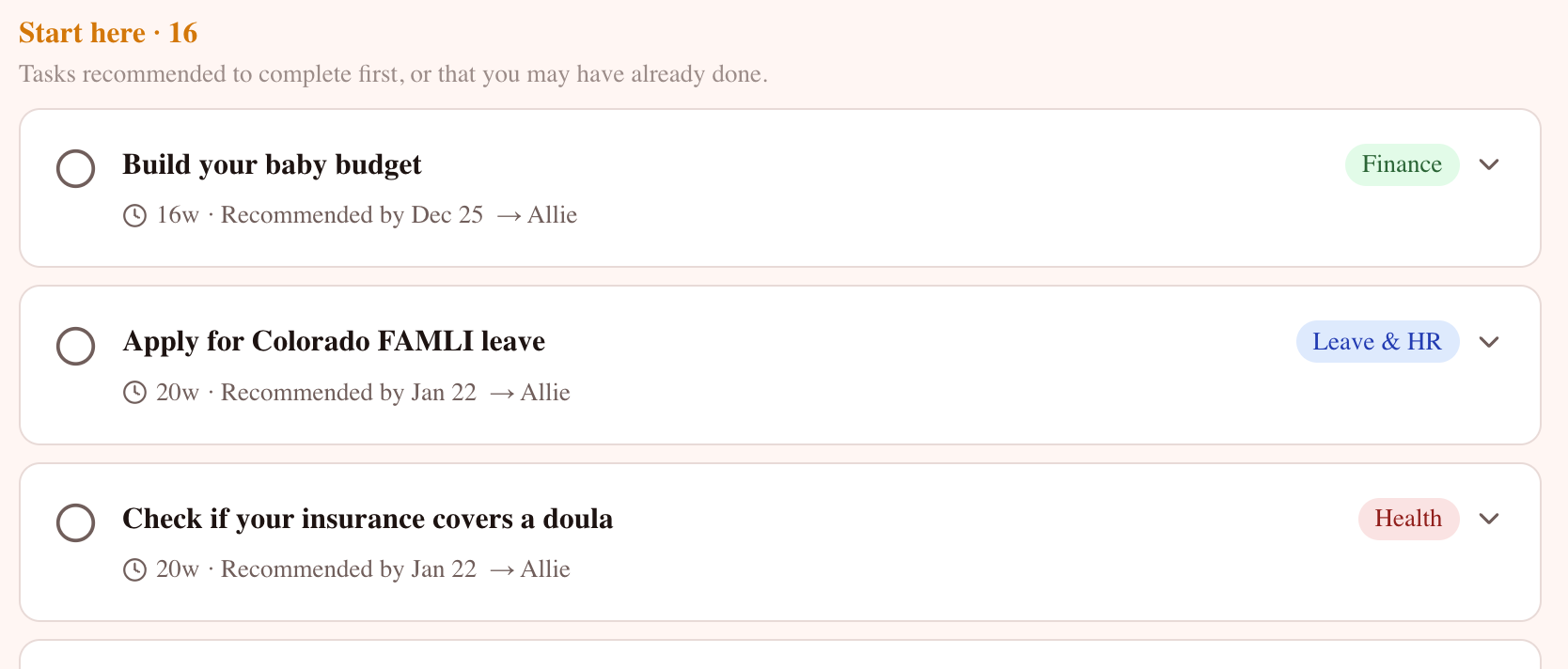 Task list showing prioritized pregnancy to-dos including baby budget, FAMLI leave, and insurance coverage
